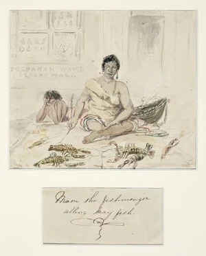Artist unknown :Maori the fishmonger selling crayfish. [ca 1860-1865]