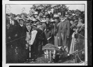 Prime Minister Richard Seddon turning the first sod of the Hokitika-Ross railway