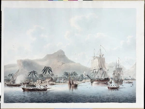 Cleveley, James fl 1776-1780 :[View of Huaheine, one of the Society Islands in the South Seas. Drawn on the spot by James Cleveley, painted by John Cleveley, London, F. Jukes aquatt. London, Thomas Martyn, 1787]