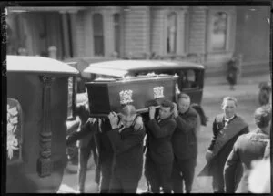 Casket and pallbearers during the funeral of Mother Mary Aubert