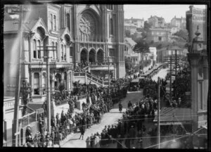 Crowds line Boulcott Street during the funeral of Mother Mary Aubert