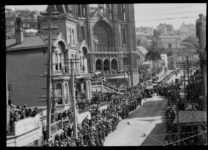 Crowds line Boulcott Street during the funeral of Mother Mary Aubert