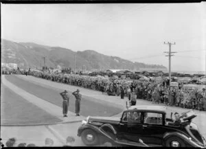 Car with Queen Elizabeth and the duke of Edinburgh at Shelly Bay, Wellington doung the Royal tour 1953-54