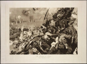 Cuneo, Cyrus Cincinatto, 1879-1916 :The landing at Anzac. Anzac Day, April 25 1915. Painted by C. Cuneo 1915