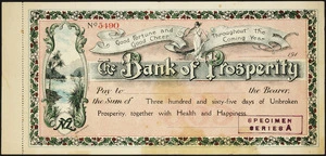 James Rodger & Co (Firm) :The Bank of Prosperity. Good fortune and good cheer throughout the coming year. [Draft novelty Christmas and New Year gift cheque / printed by] James Rodger & Co. Christchurch. 191[4].