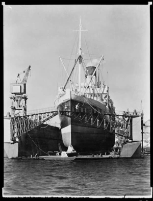 The ship Maunganui on a floating dock, Wellington Harbour