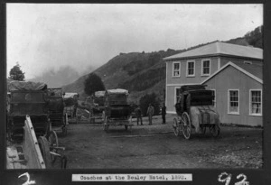 Glacier Hotel and mail coaches at Bealey, Canterbury