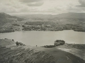 View of Lake Tutira, Hawkes Bay, with the Kawekas in the distance - Photograph taken by John Dobree Pascoe