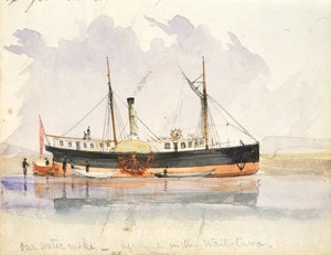 Williams, Edward Arthur 1824-1898 :Our water moke aground in the Waitotara. [1865].