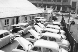 Plymouth cars ready to be fitted with radios at His Master's Voice, Wakefield Street, Wellington