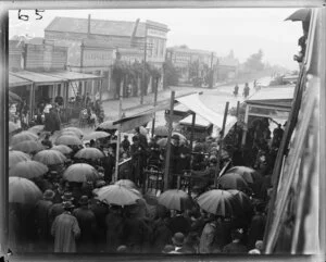 Gathering outside Rugg's Kumara Hotel during Westland's Jubilee, Kumara, West Coast