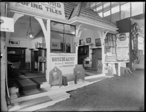 Briscoe & Company Ltd display, including fireplaces and roof tiles, [New Zealand International Exhibition?] Christchurch