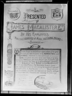Testimonial presented to James Macalister by his employees on retiring from his agricultural engineering business, Invercargill