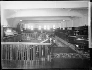 Interior, music shop showing pianos and organs, first floor