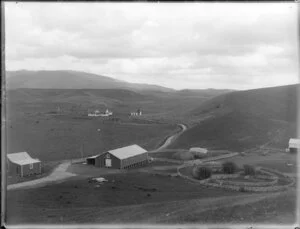 View of a sheep farm including the house, shearing shed and yards