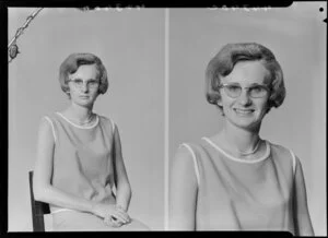 Unidentified bespectacled young woman displaying engagement ring [two images]