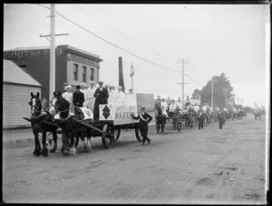 Procession of horse-drawn wagons, led by Southland Bakery, Invercargill