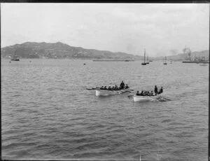 Lifeboat training [Naval cadets?], Wellington Harbour