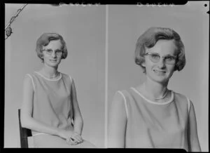 Unidentified bespectacled young woman displaying engagement ring [two images]