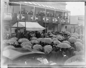 Gathering outside Rugg's Kumara Hotel during Westland's Jubilee, Kumara, West Coast