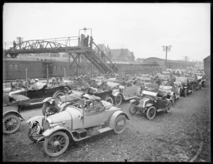 Cars and soldiers outside the Christchurch Railway Station