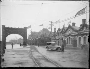 Railway station, Christchurch, with welcome gate and flags flying for Royal Tour of the Duke and Duchess of York