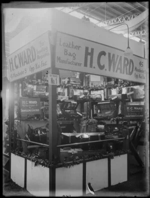 Display stand at an exhibition for H C Ward of Christchurch, leather bag manufacturer