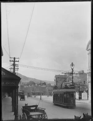 Lambton Quay, Wellington, including trams and horse-drawn carriages
