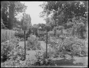 Unidentified private garden with roses and a thatched dovecote