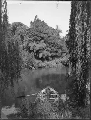 Man in a rowboat, Awakino River, Waitomo