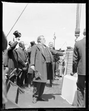 Richard Seddon laying the foundation stone for New Zealand International Exhibition, Christchurch, 1906-1907