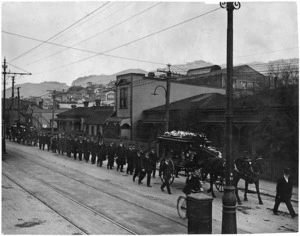 Funeral procession showing Robert H Wilson, Adelaide Road, Newtown, Wellington