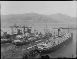 Ships docked at wharves, Lyttelton Harbour, Christchurch