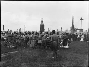 Maori men performing a haka, New Zealand International Exhibition, Christchurch