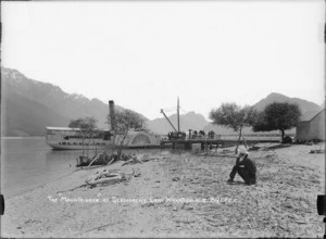 Shoreline of Lake Wakatipu, at Glenorchy, with the paddle steamer Mountaineer