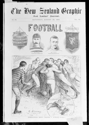 New Zealand graphic and ladies journal :Taranaki v. Auckland. Football. Mr G. Wells, Captain of the Auckland team; Mr A. Bayly, Captain of the Taranaki team. A scrummage. A Maul. [Engraving by an unknown artist]. 23 August 1890