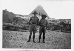 R A McDougall, and another New Zealand soldier, before the Sphinx and Great Pyramid, Gizeh Desert, Egypt