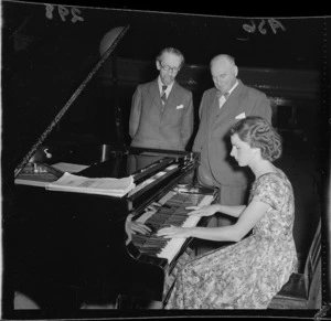 L D Austin, R L Macalister and Lola Johnson with new Town Hall piano