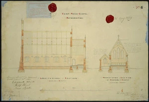 Beatson, William, 1808?-1870 :Saint Pauls Chapel Rotherhithe. No 6. Longitudinal section [and] transverse section of chancel & vestry looking east. 10 Aug[ust] 1849.