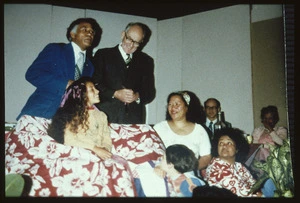 Lagi Sipeli and Ian Ramsden speaking at Timmy Puleosi's haircutting ceremony, St James Presbyterian Church, Newtown