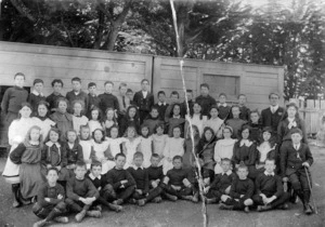 Group portrait of pupils, and a teacher, of Karori School, Wellington