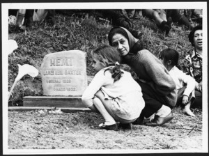Jacquie Baxter and Stephanie at the unveiling of the gravestone of James K Baxter - Photograph taken by a Dominion staff photographer