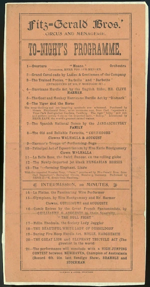 Fitzgerald Bros Circus and Menagerie :Fitz-gerald Bros.' circus and menagerie. To-night's programme. Harman & Jacka, printers [Adelaide. 1910s?]