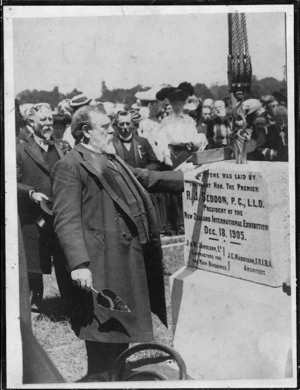 Richard John Seddon laying a foundation stone at the International Exhibition in Christchurch - Photographer unidentified