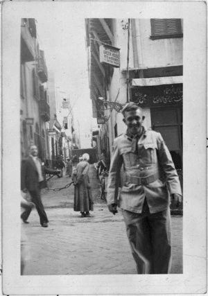 Street scene with New Zealand soldier, Alexandria, Egypt, during World War 2