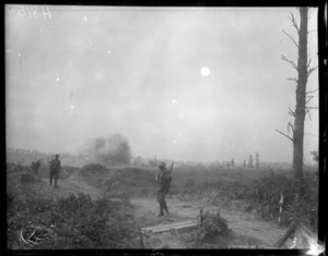 A shell bursting near New Zealand troops, Bailleul, World War I