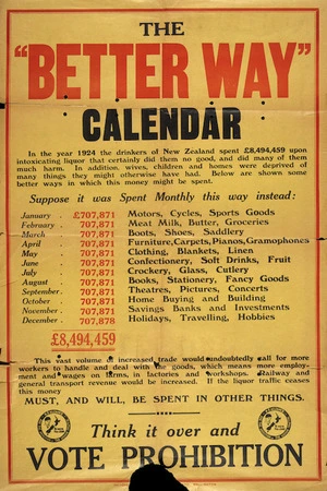 New Zealand Alliance for the Abolition of the Liquor Traffic :The "Better way" calendar. In the year 1924, the drinkers of New Zealand spent £8,494,459 upon intoxicating liquor ... If the liquor traffic ceases this money must, and will, be spent in other things. Think it over and Vote Prohibition. Hutcheson [ ...] Ltd., Wellington [Printers, 1925].