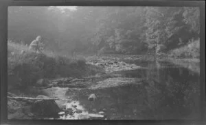 Unidentified woman kneeling on riverbank