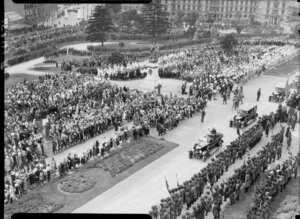 Crowd scene outside Parliament buildings, Wellington, 1927