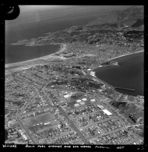 Aerial view of Miramar, Rongotai, Lyall Bay, and Kilbirnie, and Evans Bay, Wellington - Photograph taken by W H Love
